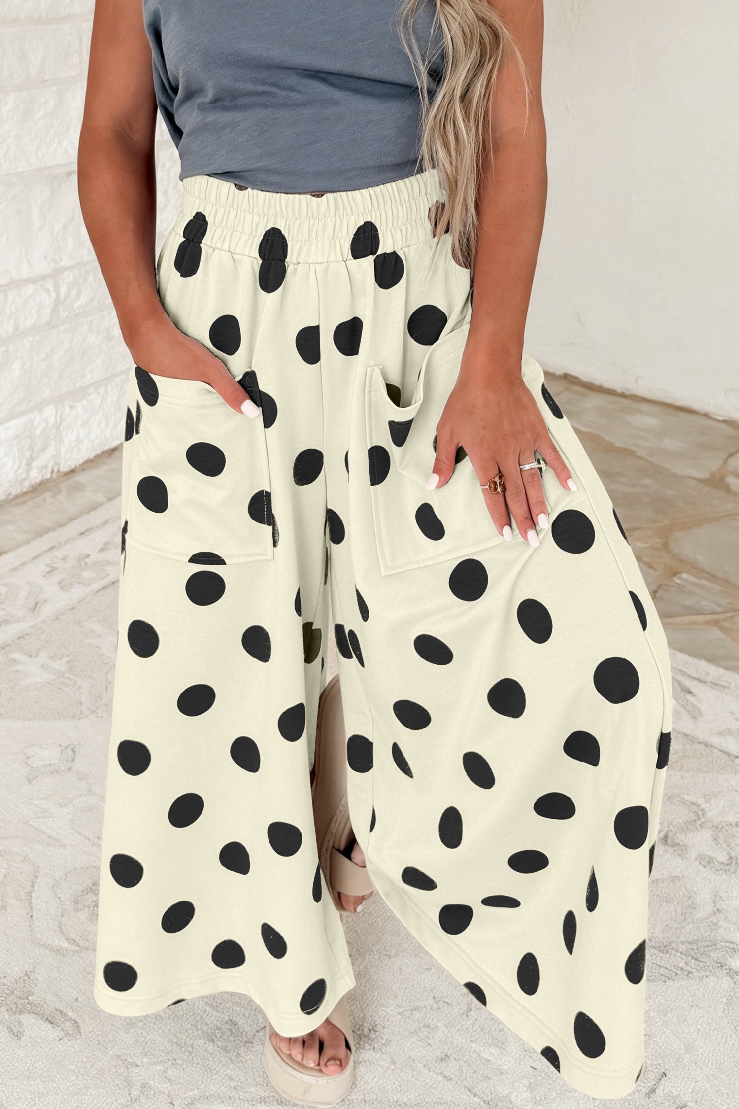 Sky Blue Polka Dot Wide Leg Elastic Waist Casual Pants Shewin