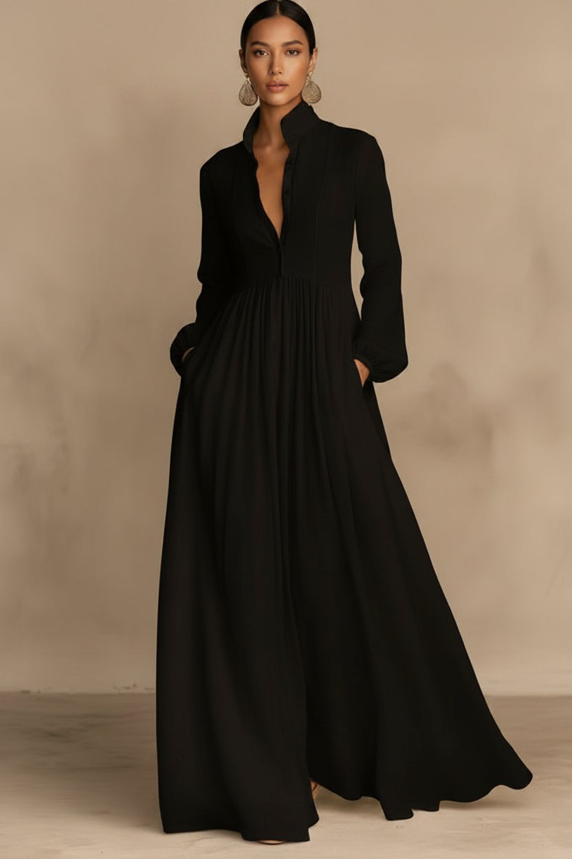Women's French Style Long Sleeve Pleated A-Line Maxi Dress FitiqueFit