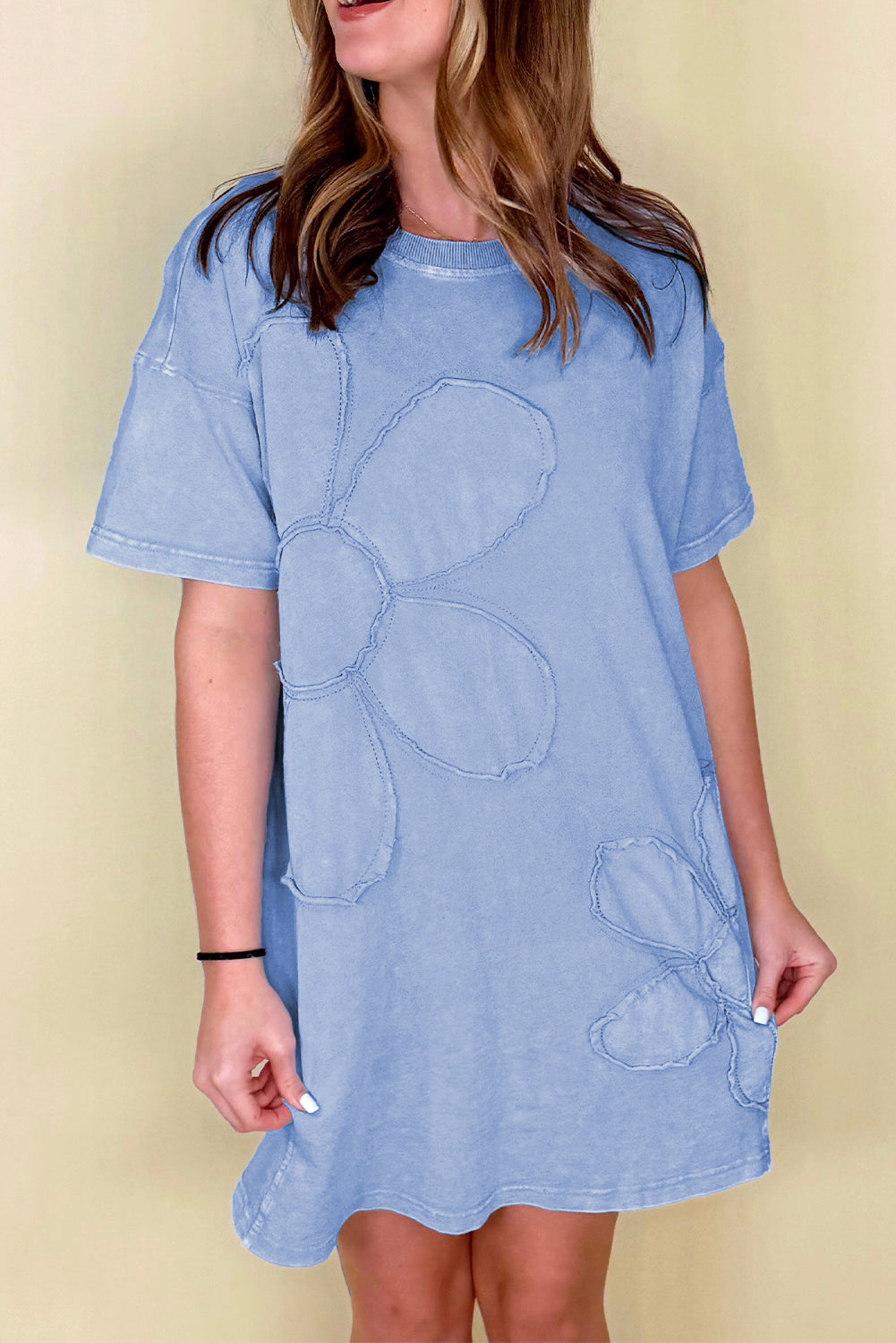 Mint Green Mineral Wash Flower Patchwork Mini T Shirt Dress Shewin
