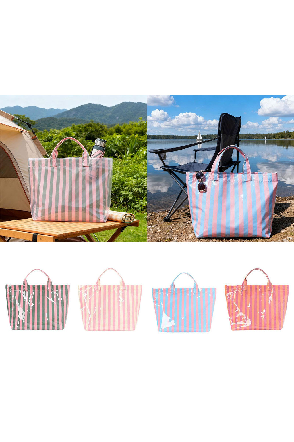 Red Glossy Striped Vinyl Large Tote Bag (Color Varied)