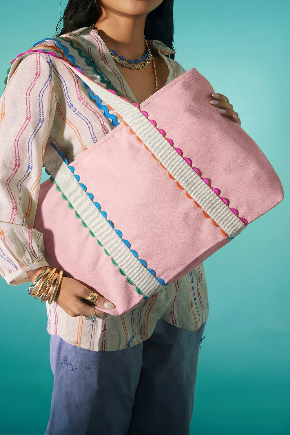 White Colorful Ricrac Detail Canvas Tote Bag Shewin
