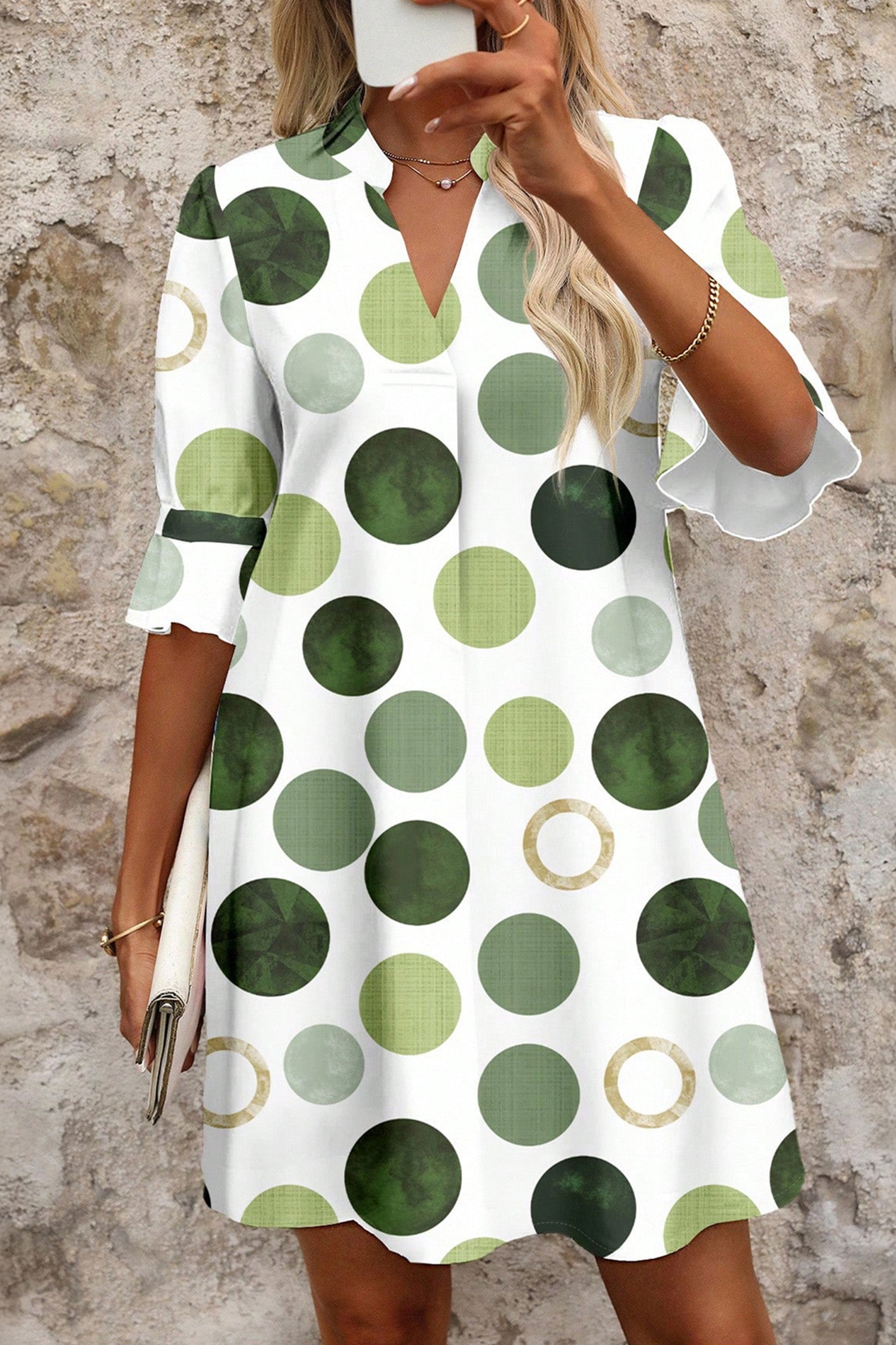 Blue Polka Dot Print Flounced Half Sleeve Casual Vacation Style Mini Dress