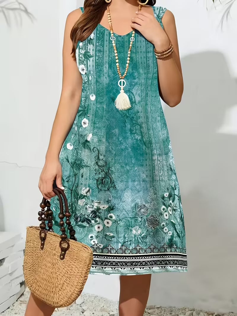 Plus Size Boho Floral Print Sleeveless Midi Dress – Women's Vintage Ethnic Border Dress FitiqueFit