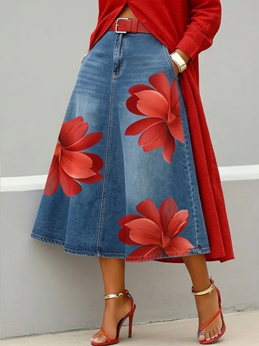 Women's Floral Print A-Line Midi Skirt – Denim-Style Boho Skirt FitiqueFit