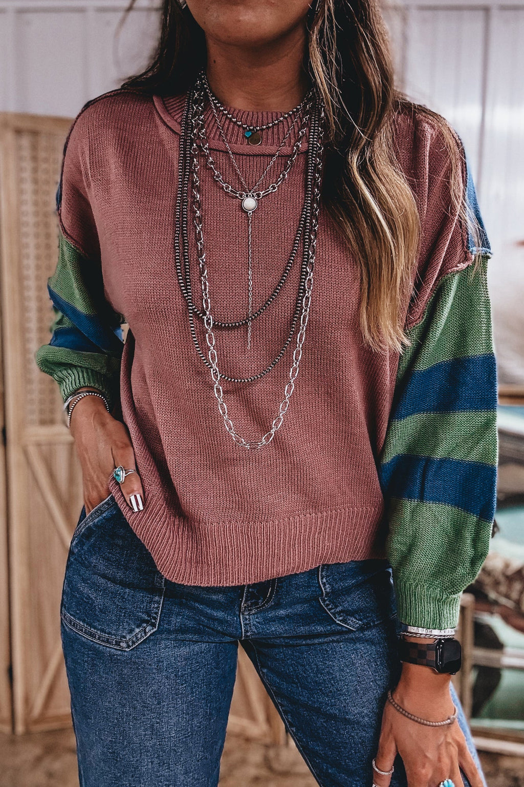 Multicolour Western Colorblock Patchwork Striped Long Sleeve Pullover Sweater