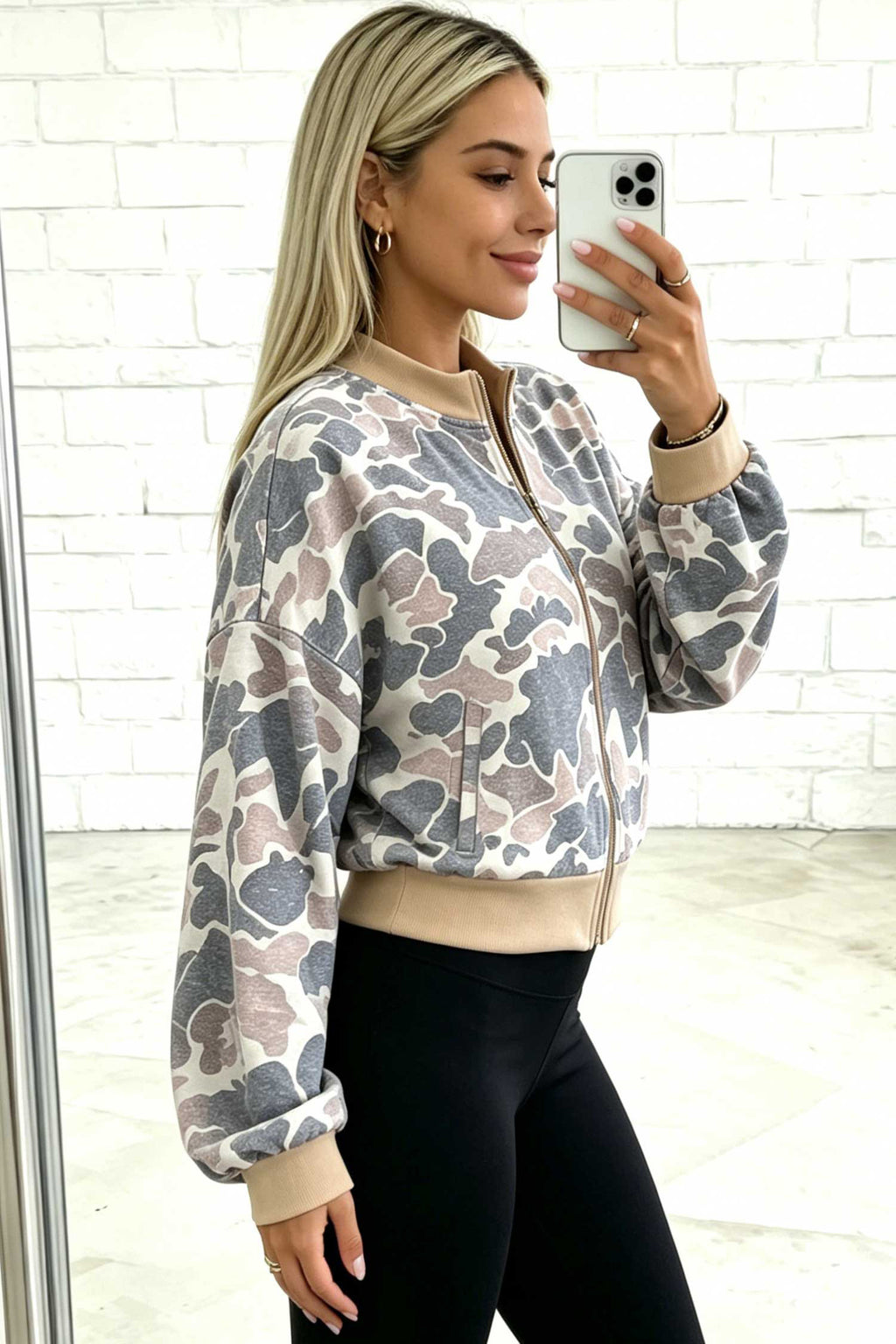 Multicolour Camouflage Print Color Block Trim Zip Bomber Jacket