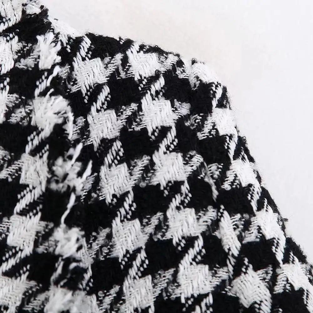 Elegance Women Tweed Jackets Fashionable Office Ladies Black Tassel Houndstooth Coats Female Autumn Vintage Thick Plaid Coat Girls Chic
