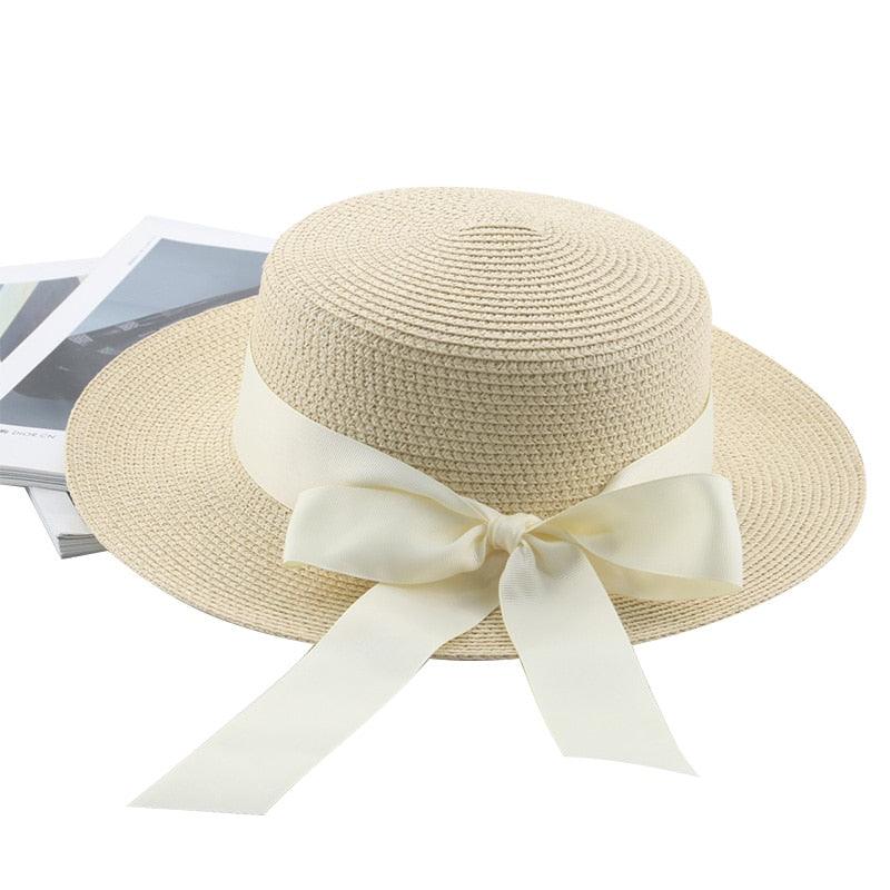 Elegant Adult Bucket Hat Beach Summer Straw Hats for Women Beach Sun Straw Hat Wide Luxury Comfortable Hat  Flat Top Ribbon Bowknot Elegant Luxury Women Summer Hat 56-58cm Stevvex
