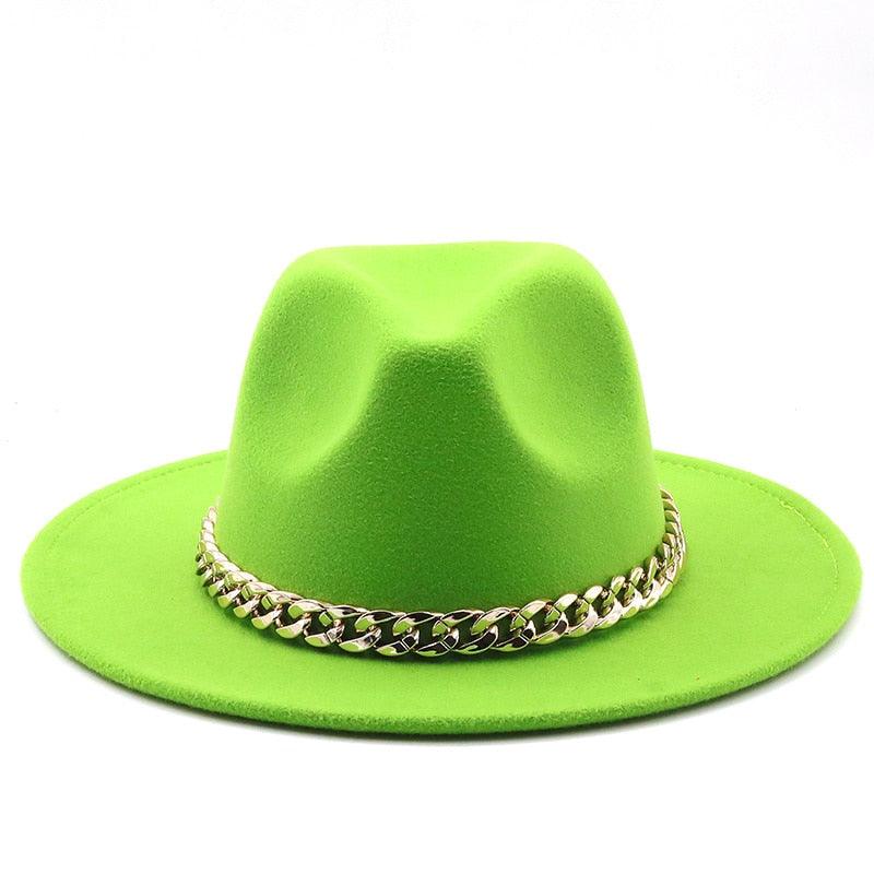 Elegant Green Fedora Hats Women Men Fedora Hats Wide Brim Fedora Hat Summer Chain Band Jazz Hats Winter Autumn Gentleman Outdoor Hat Stevvex