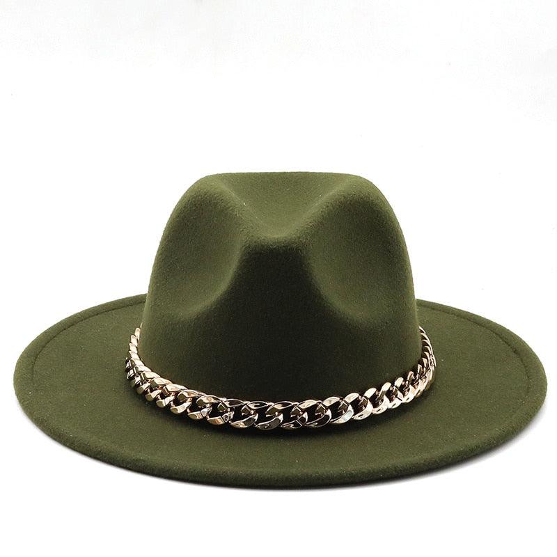 Elegant Green Fedora Hats Women Men Fedora Hats Wide Brim Fedora Hat Summer Chain Band Jazz Hats Winter Autumn Gentleman Outdoor Hat Stevvex