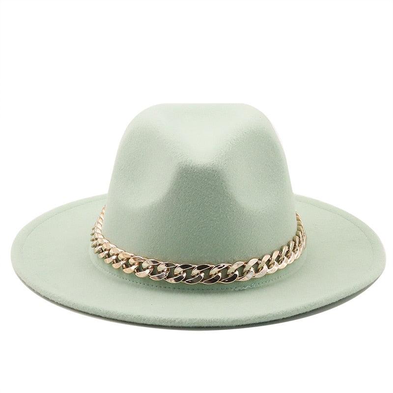 Elegant Green Fedora Hats Women Men Fedora Hats Wide Brim Fedora Hat Summer Chain Band Jazz Hats Winter Autumn Gentleman Outdoor Hat Stevvex