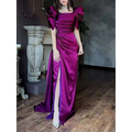 Elegant Puff Sleeve Pleated Slit Magenta Maxi Dress