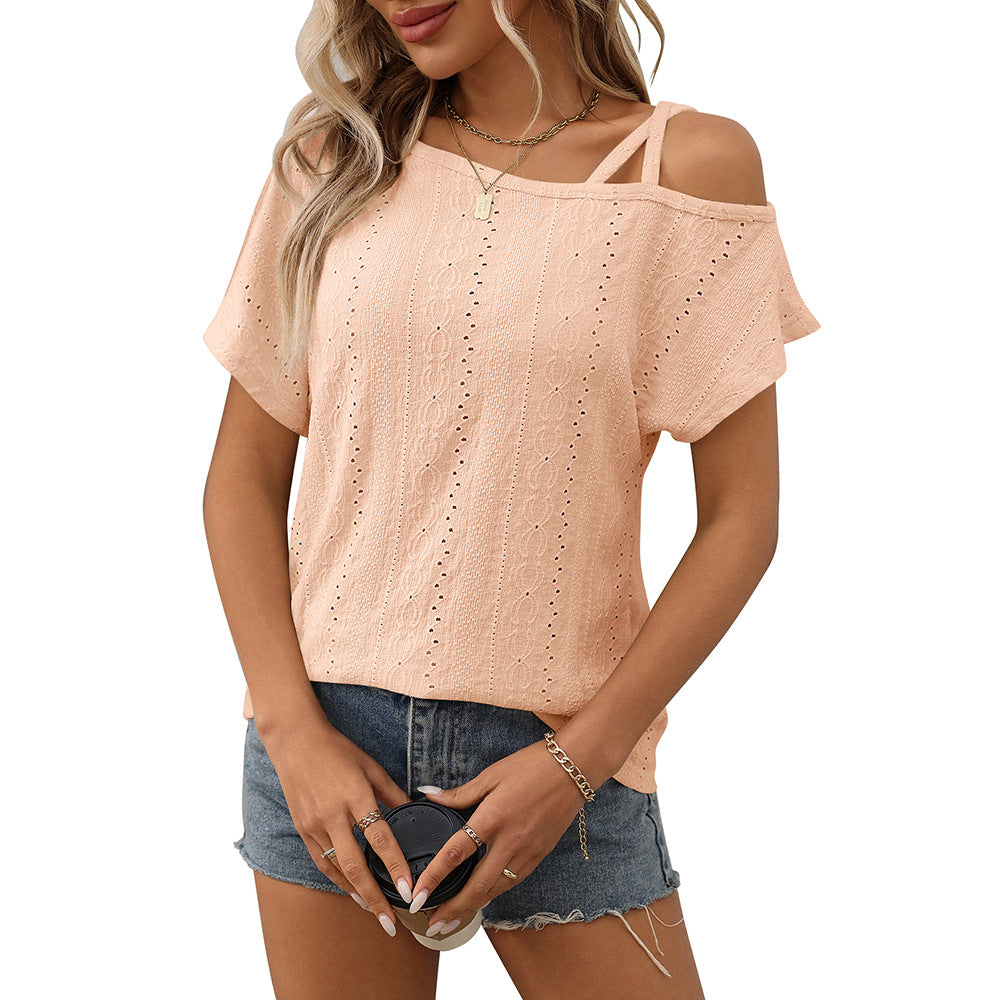European and American one shoulder short sleeved T-shirt hollowed out top for women V.I.P Digital Presence