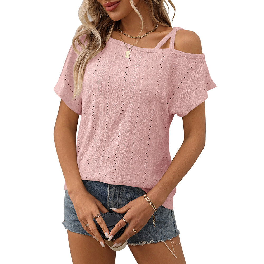 European and American one shoulder short sleeved T-shirt hollowed out top for women V.I.P Digital Presence