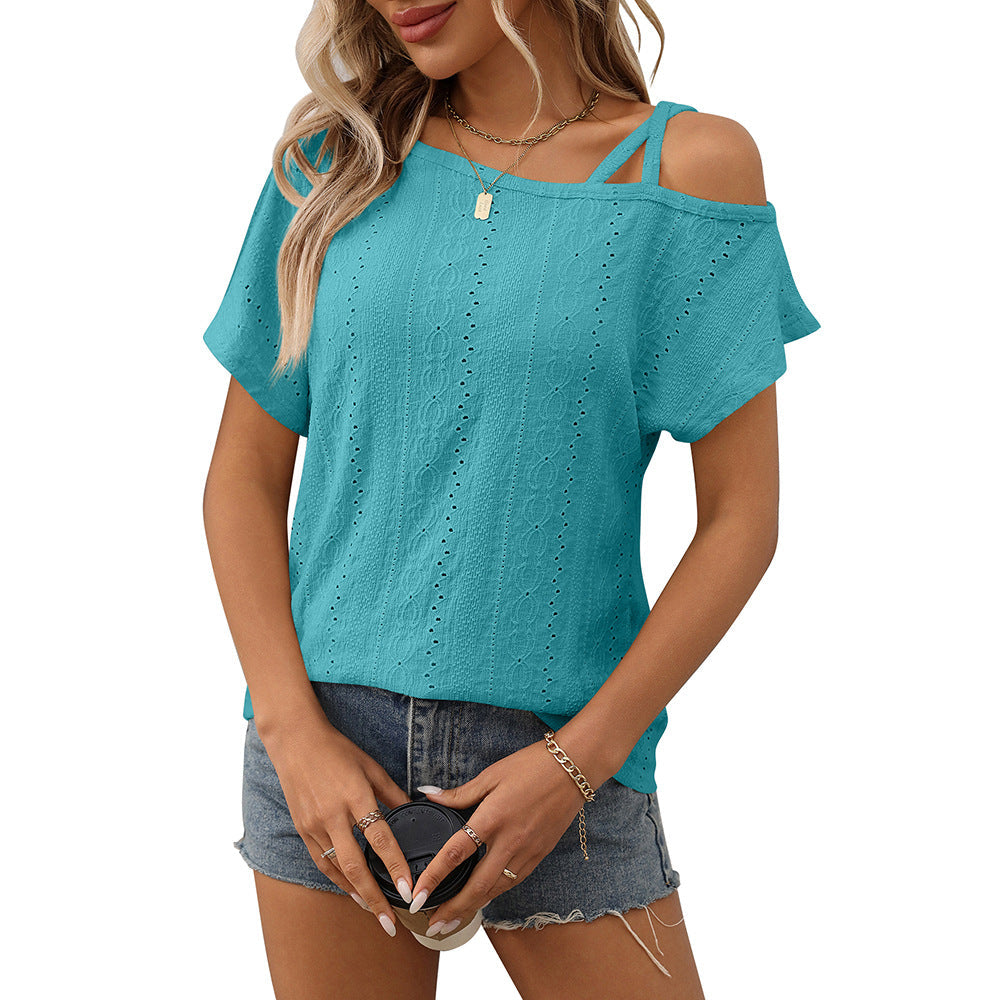 European and American one shoulder short sleeved T-shirt hollowed out top for women V.I.P Digital Presence
