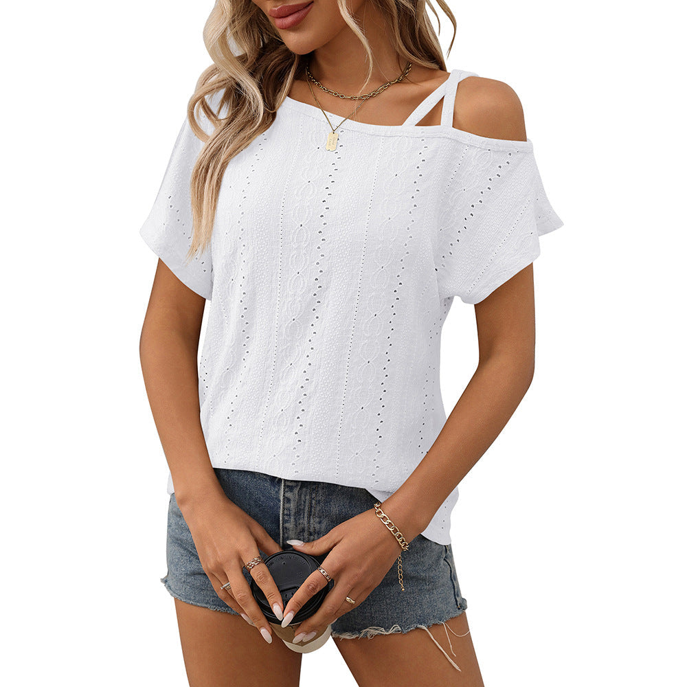 European and American one shoulder short sleeved T-shirt hollowed out top for women V.I.P Digital Presence
