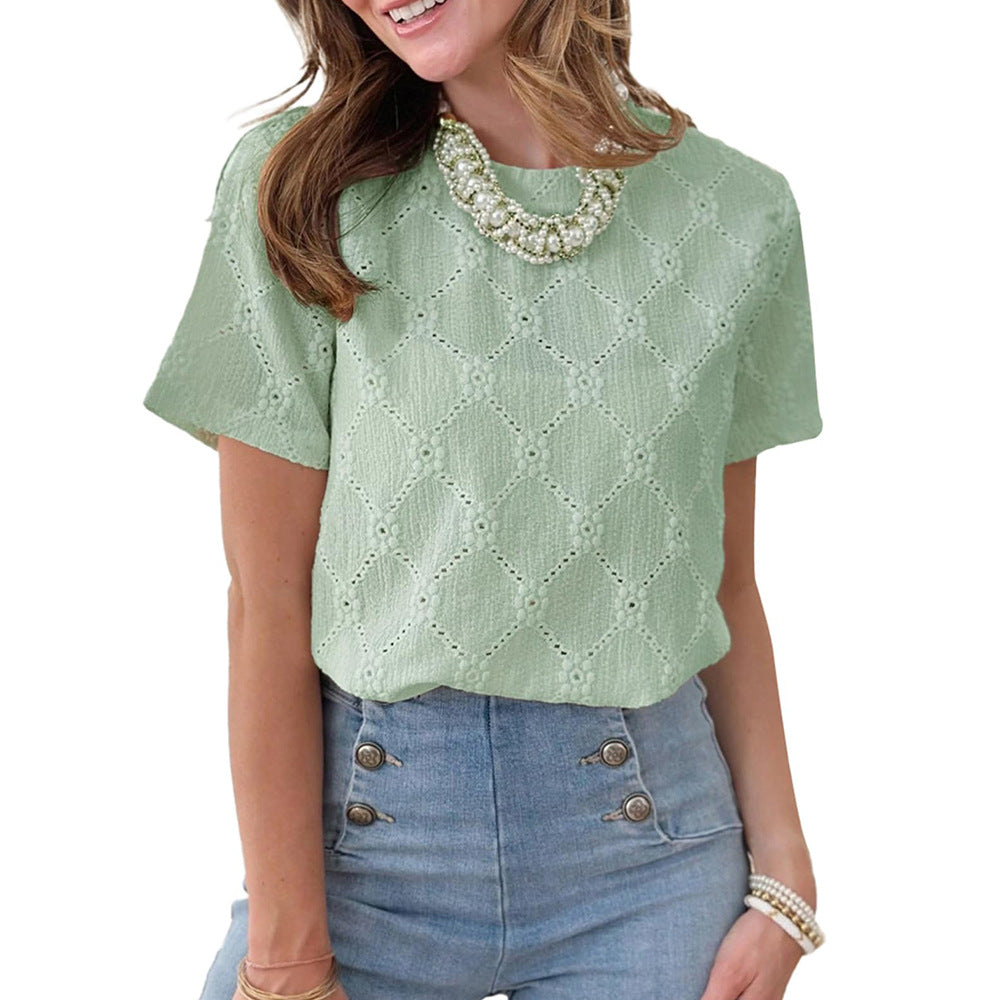 European and American round neck short sleeved imitation embroidery flower jacquard top T-shirt for women V.I.P Digital Presence