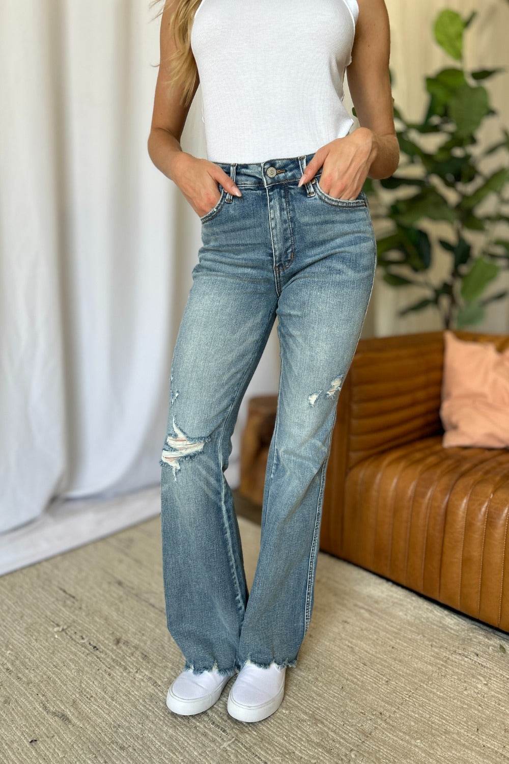Judy Blue Full Size Medium Rise Tummy Control Destroy Flare Women Jeans