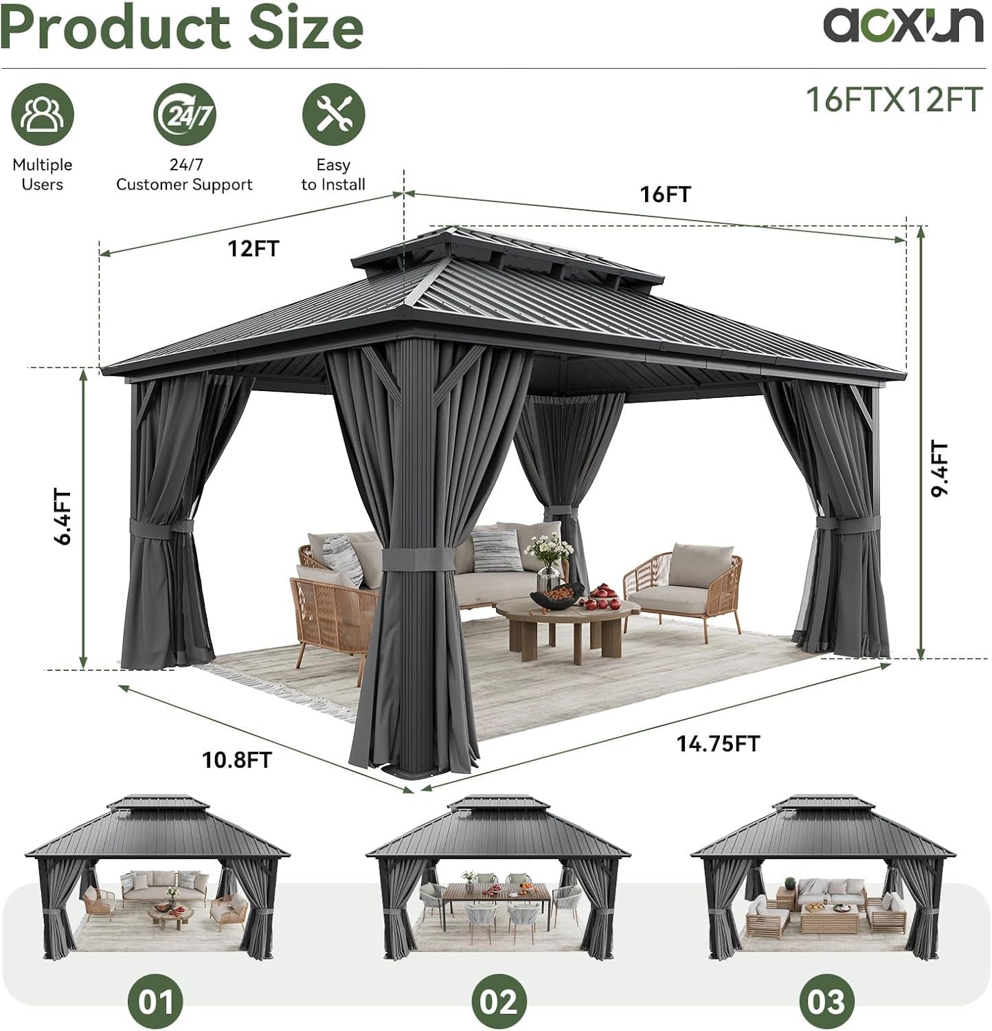 12x16 Ft Hardtop Aluminum Outdoor Patio Gazebo Curtains