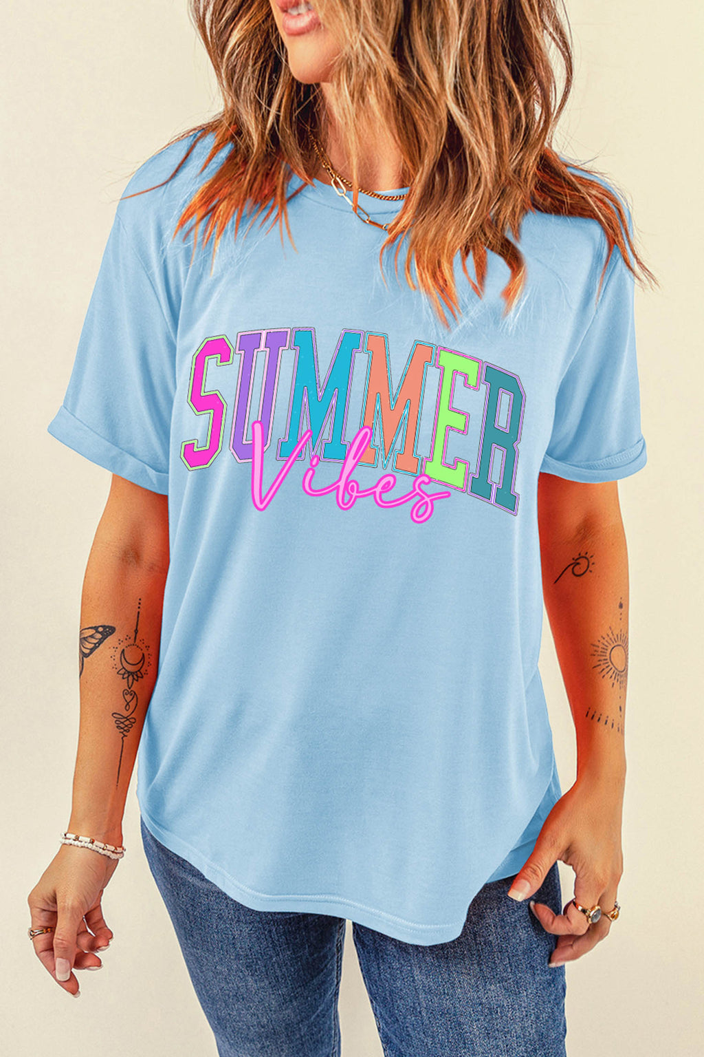 Light Blue SUMMER Vibes Letter Print Round Neck Casual T-Shirt