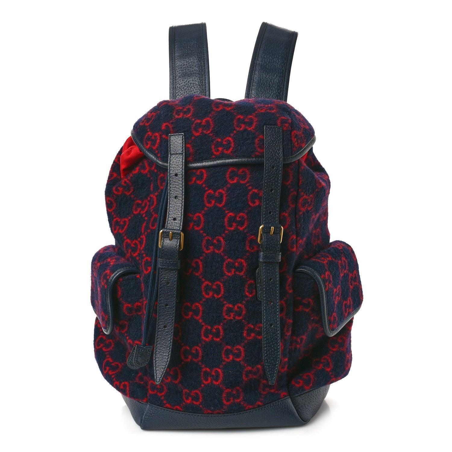 Gucci Covered Wool GG Monogram Small Double Buckle Backpack Navy Red Banlieue91