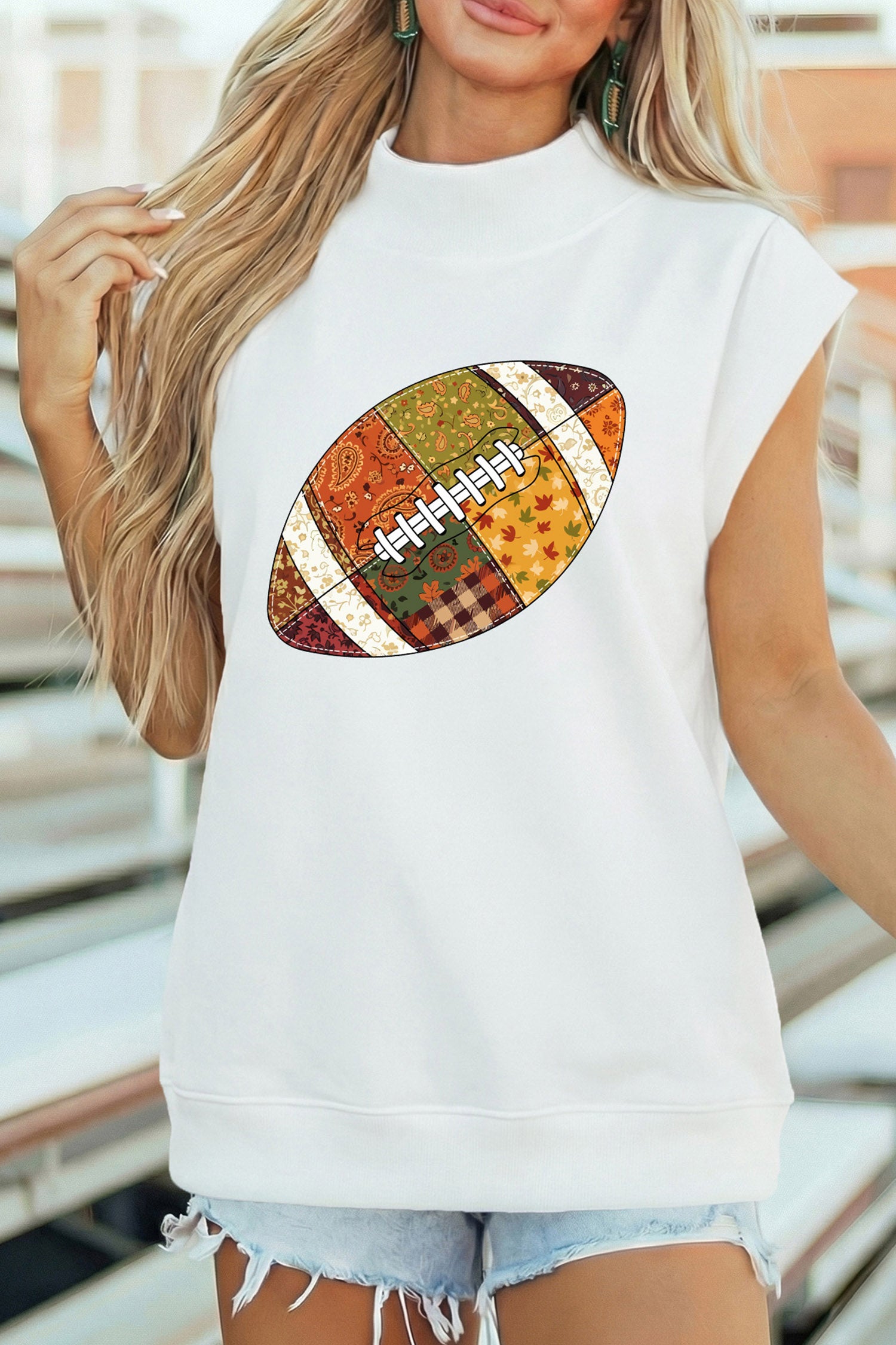 White Patchwork Rugby Print High Neck Cap Sleeve Game Day Top