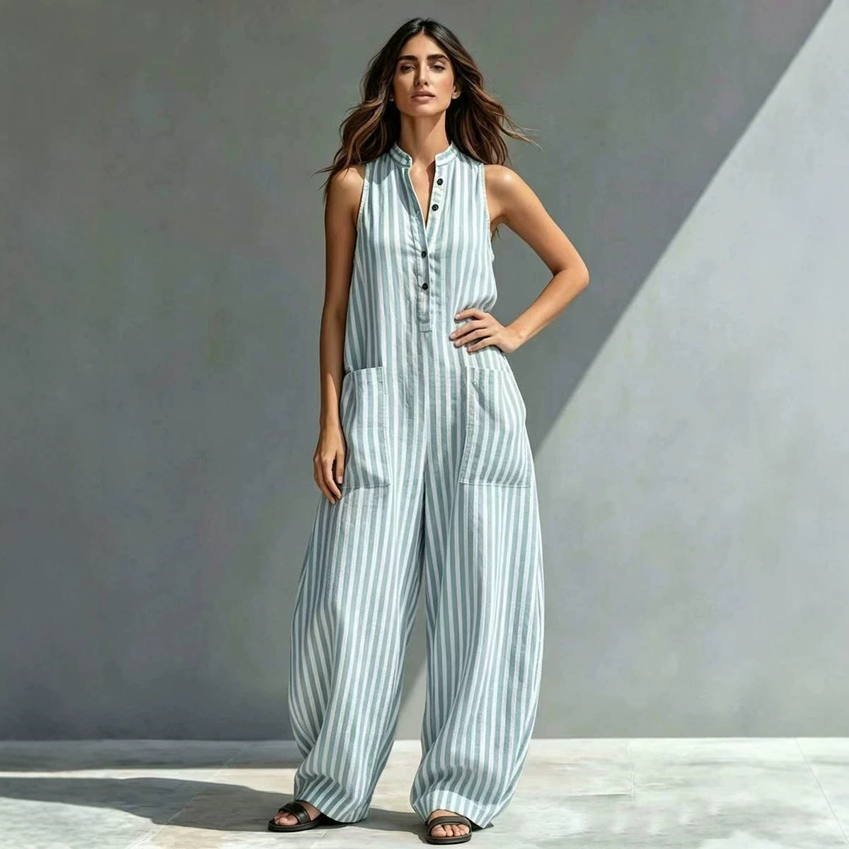 V-Neck Sleeveless Striped Loose Cropped Jumpsuit | 3 Colors S–3XL FitiqueFit