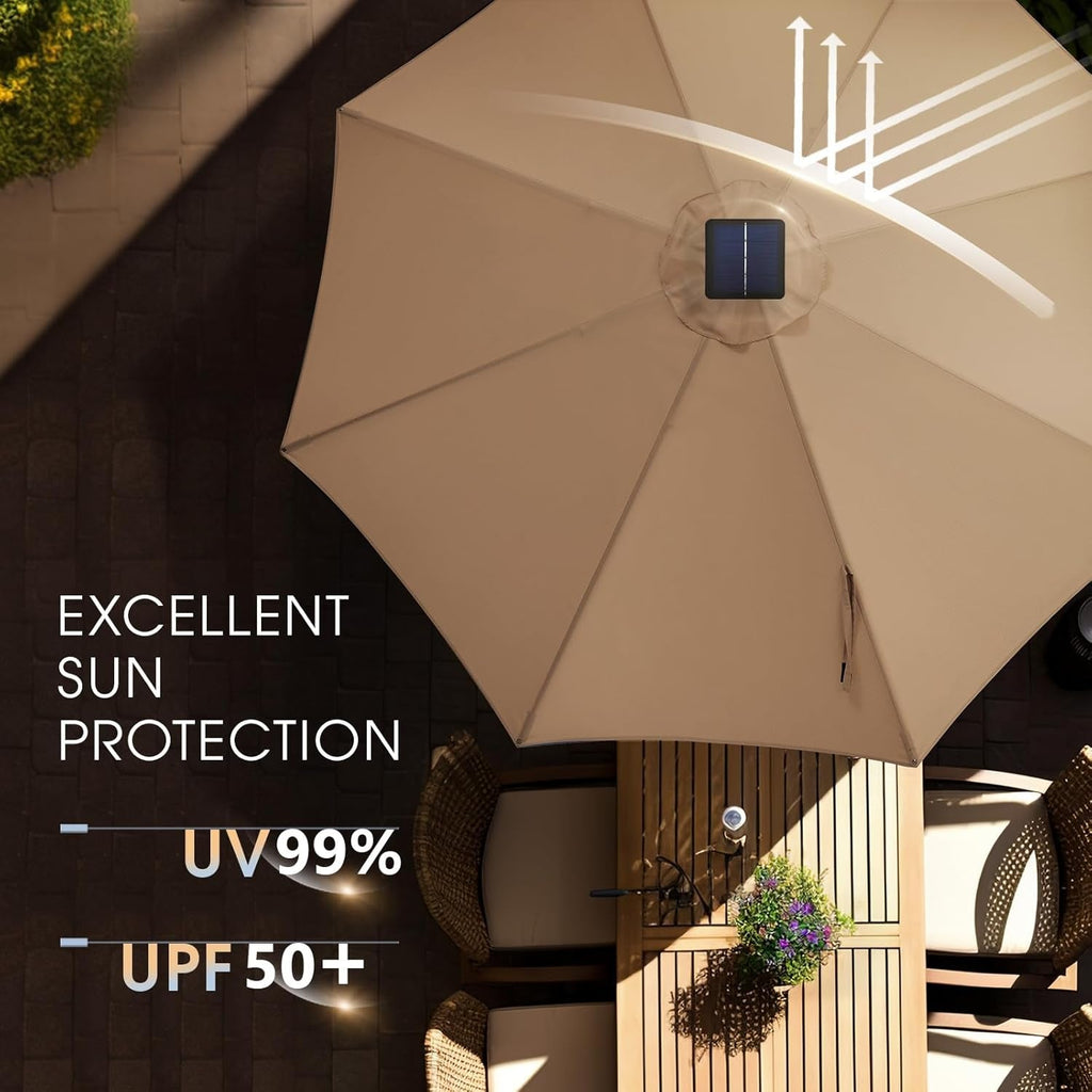 9ft Solar LED Outdoor Umbrella Weatherproof Canopy
