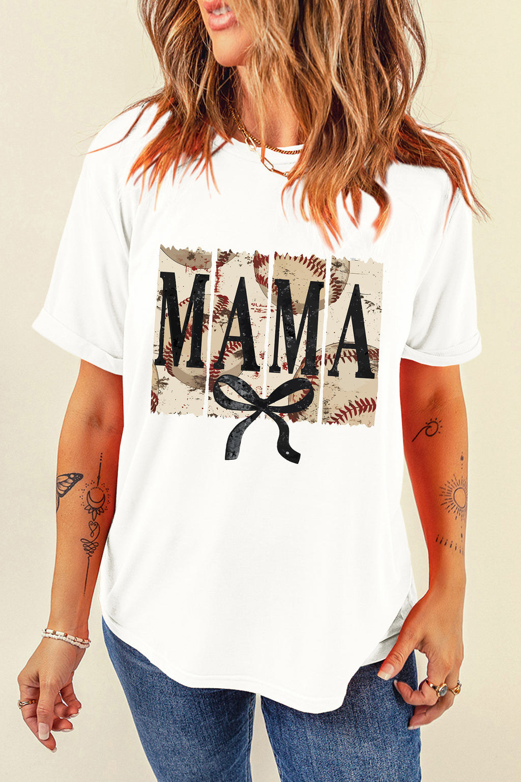 White MAMA Bow Retro Baseball Printed Tee