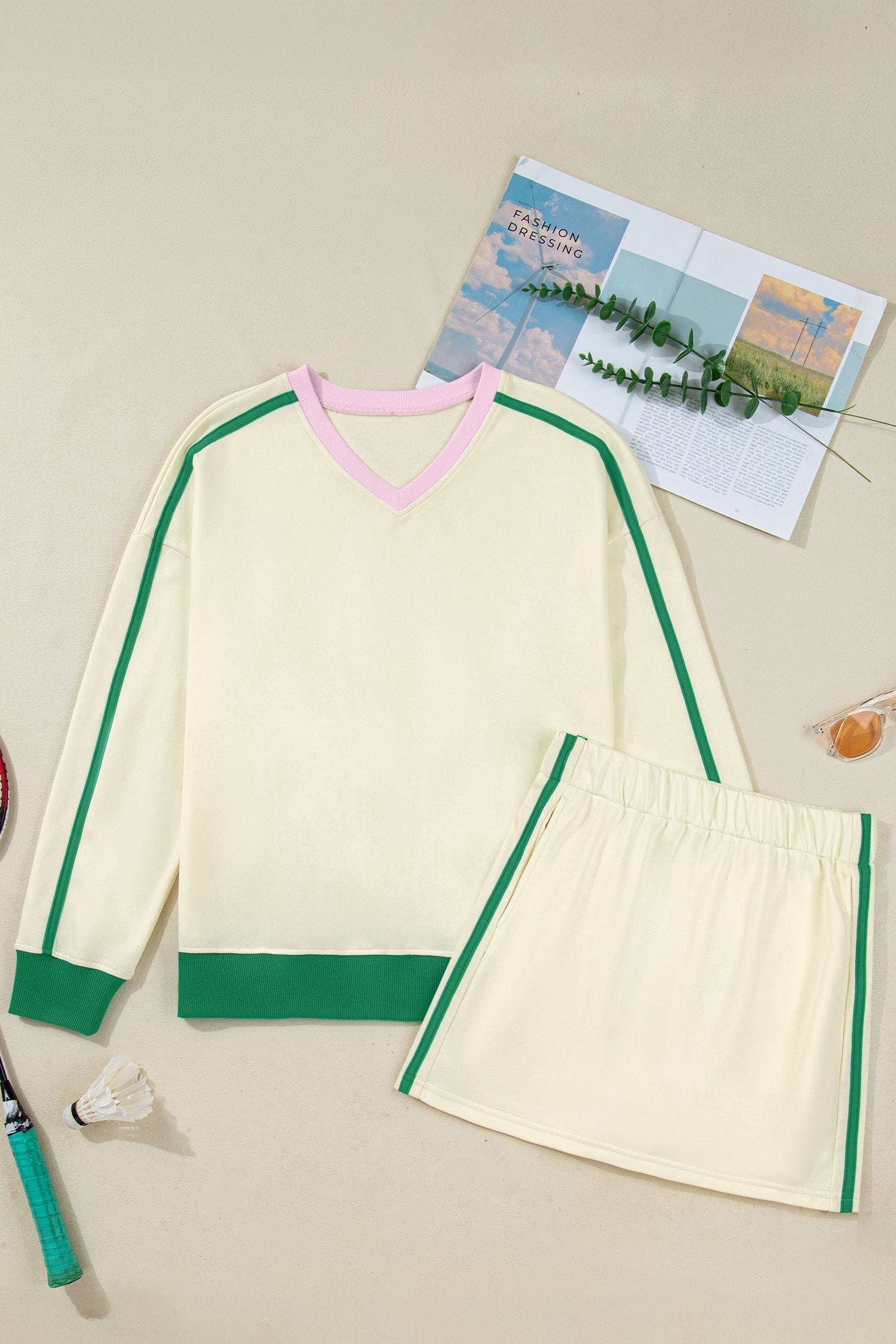 Sky Blue Ribbed Colorblock Trim V Neck Sporty Pullover Mini Skort 2pcs Athleisure Set
