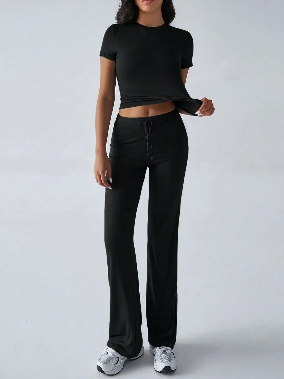 Round Neck Short Sleeve Top and Pants Set