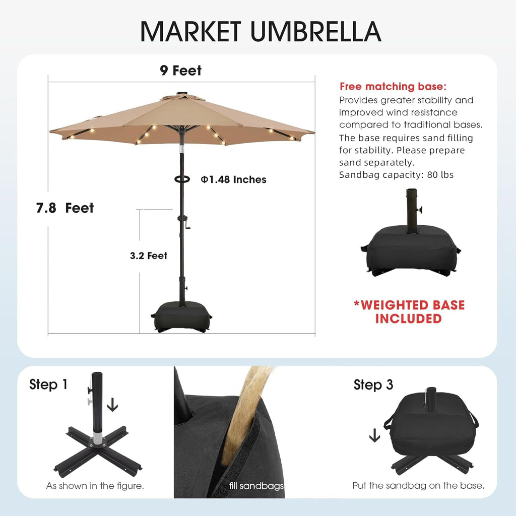 9ft Solar LED Outdoor Umbrella Weatherproof Canopy
