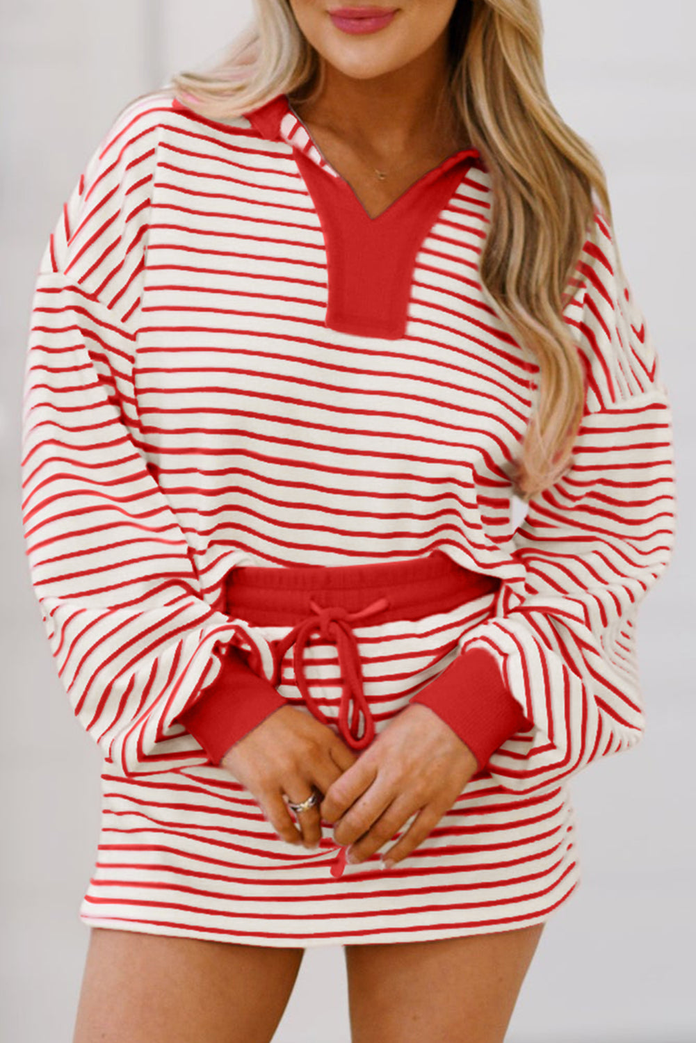 Green Striped Collared V Neck Drop Shoulder Pullover and Skirt Set Shewin