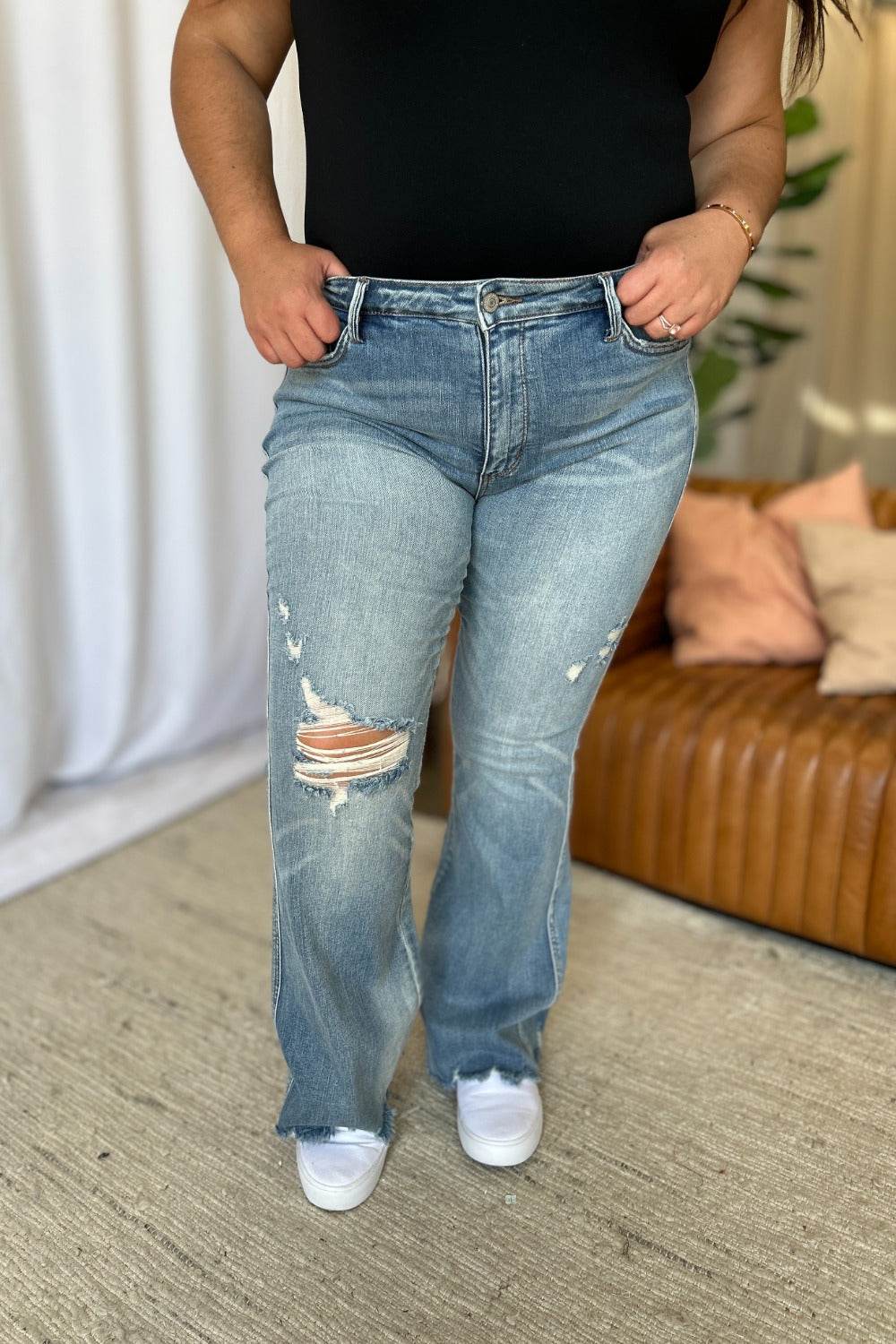 Judy Blue Full Size Medium Rise Tummy Control Destroy Flare Women Jeans