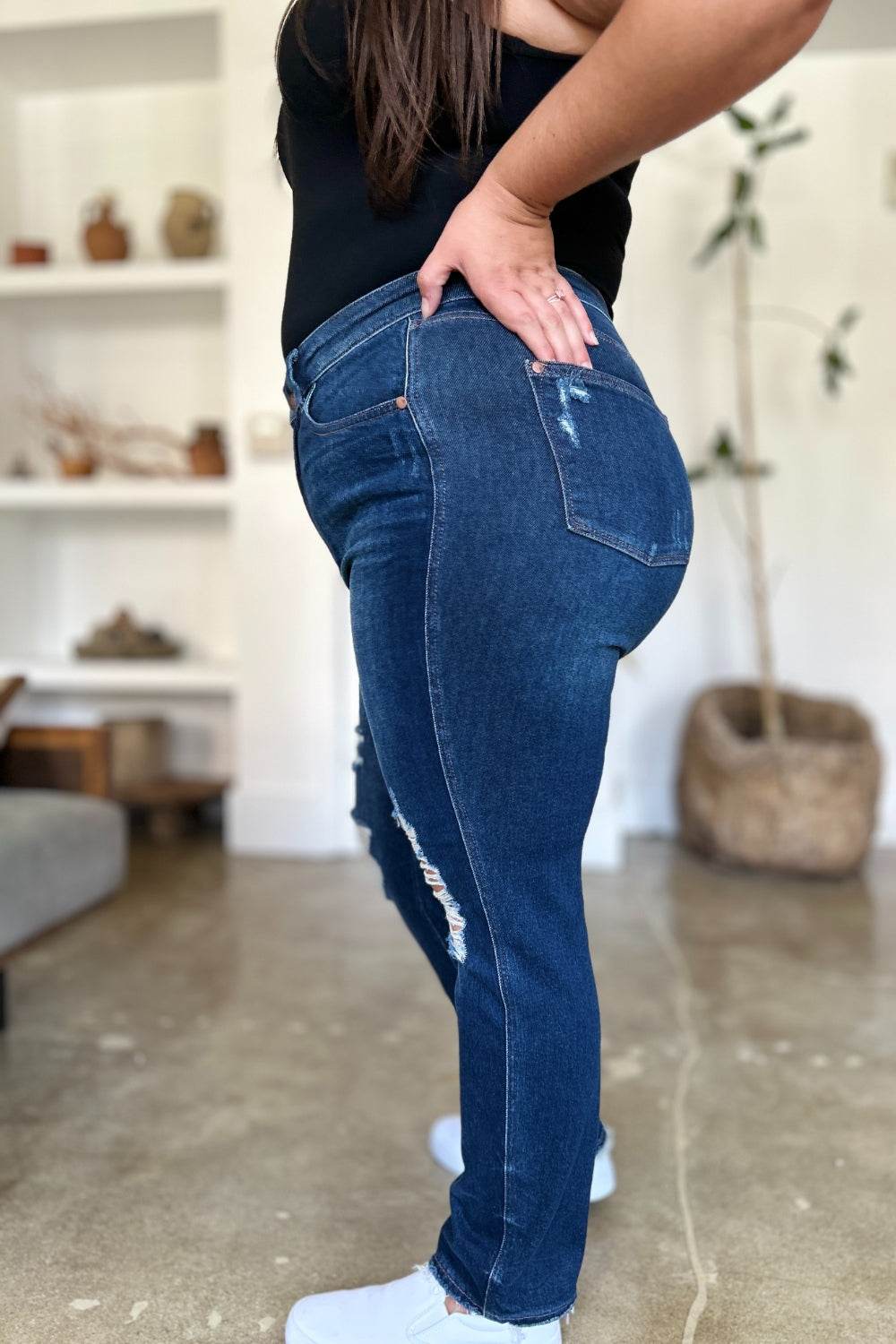 Judy Blue Full Size High Waist Rigid Magic Heavy Destroy Straight Women Jeans