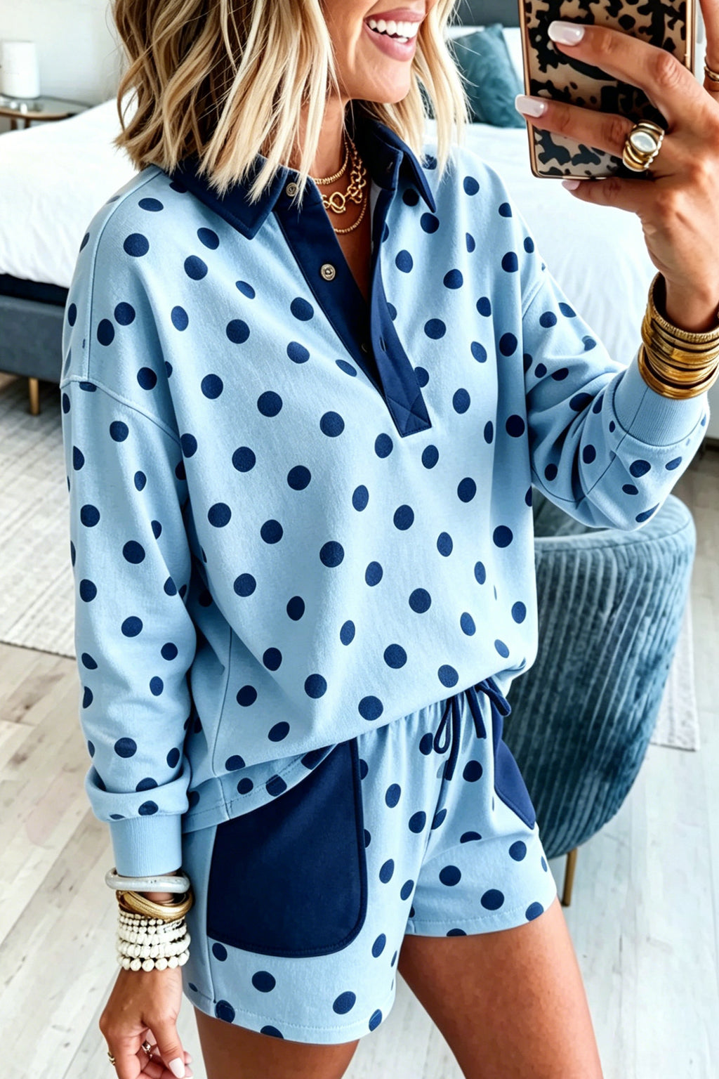 Sky Blue Polka Dot Drop Shoulder Polo Loose Pullover Patch Pocket Casual Shorts Set