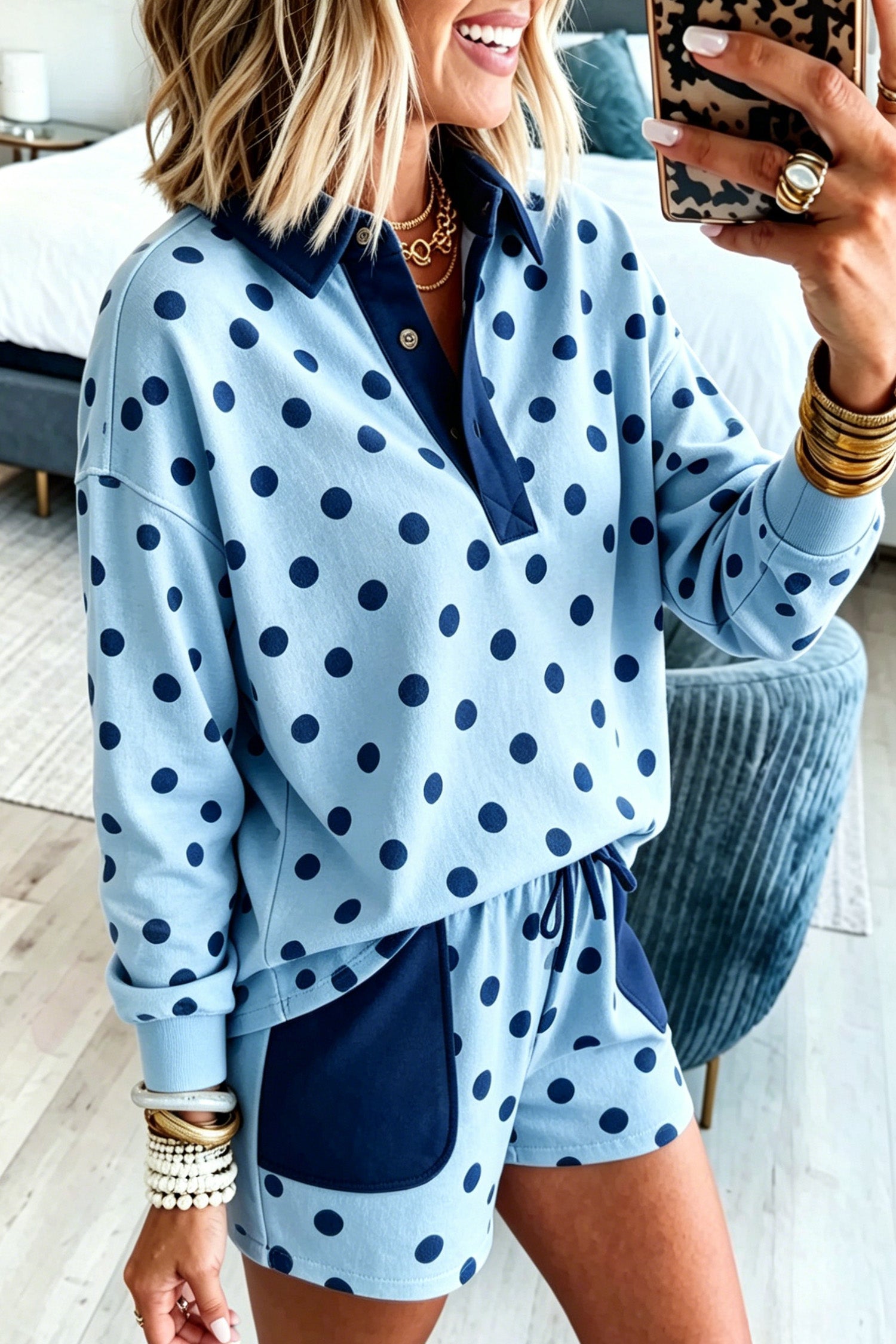 Sky Blue Polka Dot Drop Shoulder Polo Loose Pullover Patch Pocket Casual Shorts Set