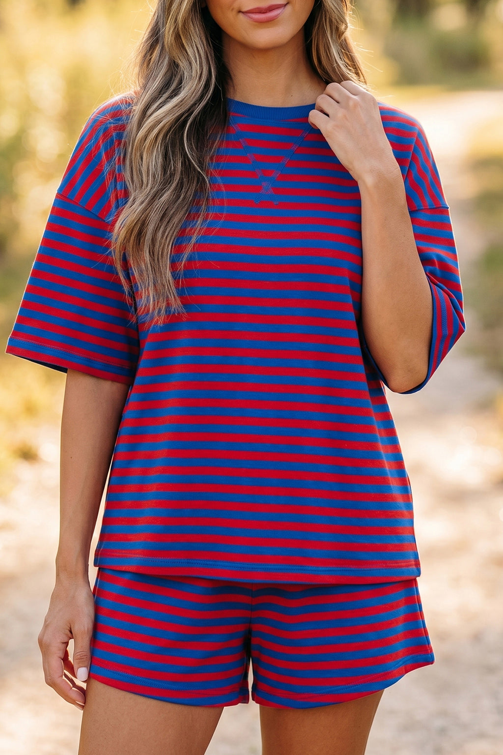 Green Stripe Striped Ribbed Cotton Two-Piece Pant Set with Chest Patch Detail Shewin