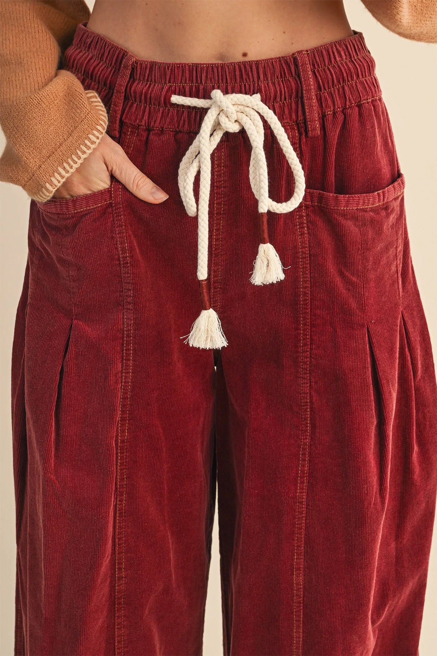 Racing Red Elastic Waist Drawstring Corduroy Casual Pants Shewin