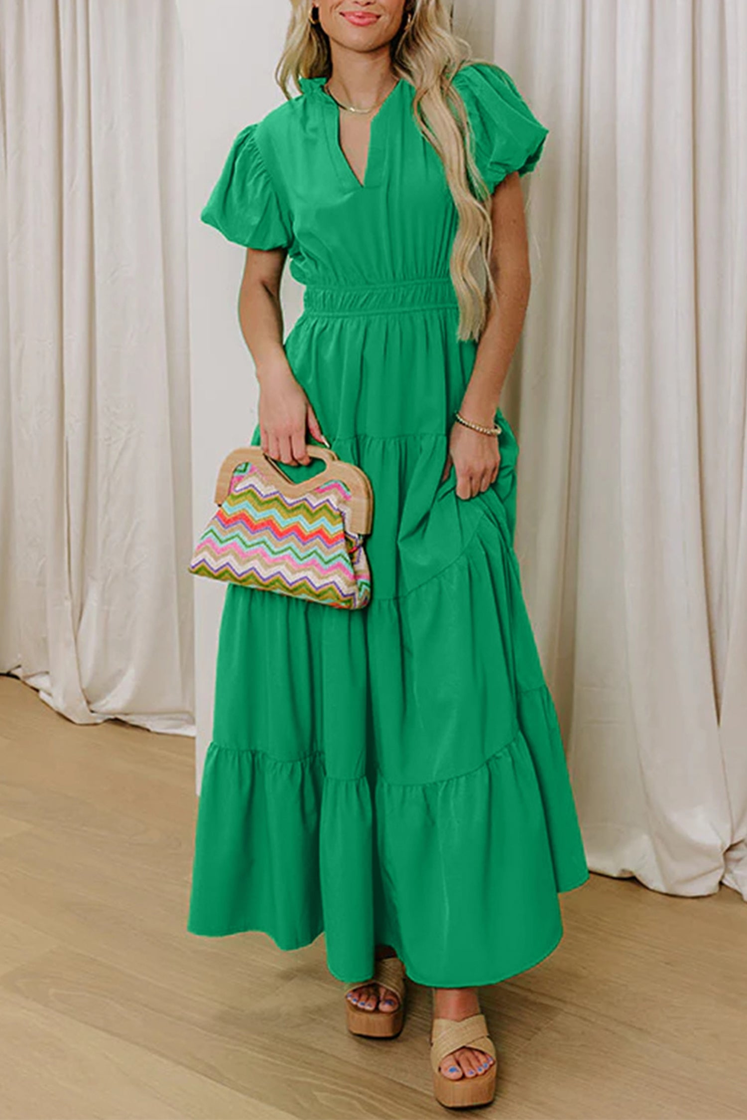Lavendula Solid Color V Neck Short Puff Sleeve High Waist Tiered Maxi Dress Shewin
