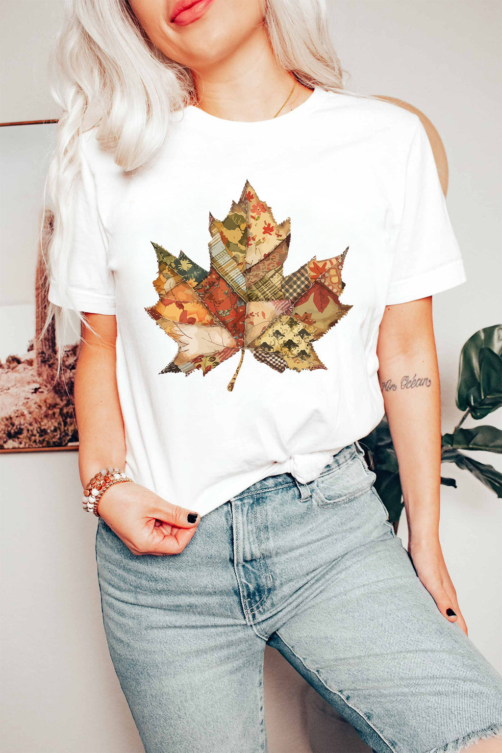 White Patchwork Maple Leaf Print Round Neck Casual T-Shirt