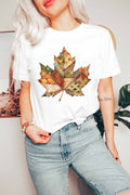 White Patchwork Maple Leaf Print Round Neck Casual T-Shirt