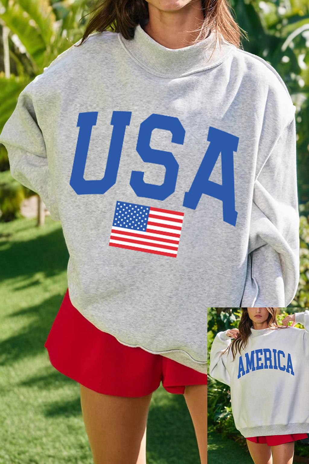Racing Red Mock Neck Reversible USA/America Graphic Sweatshirt Shewin