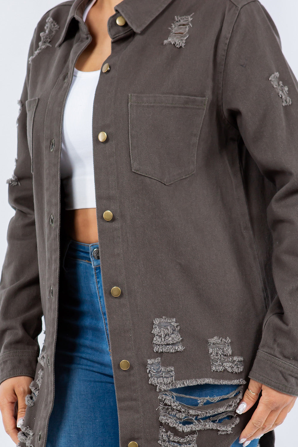 American Bazi Distressed Button Up Long Sleeve Jacket Trendy Buttoned Jacket with Distressed Finish for Women