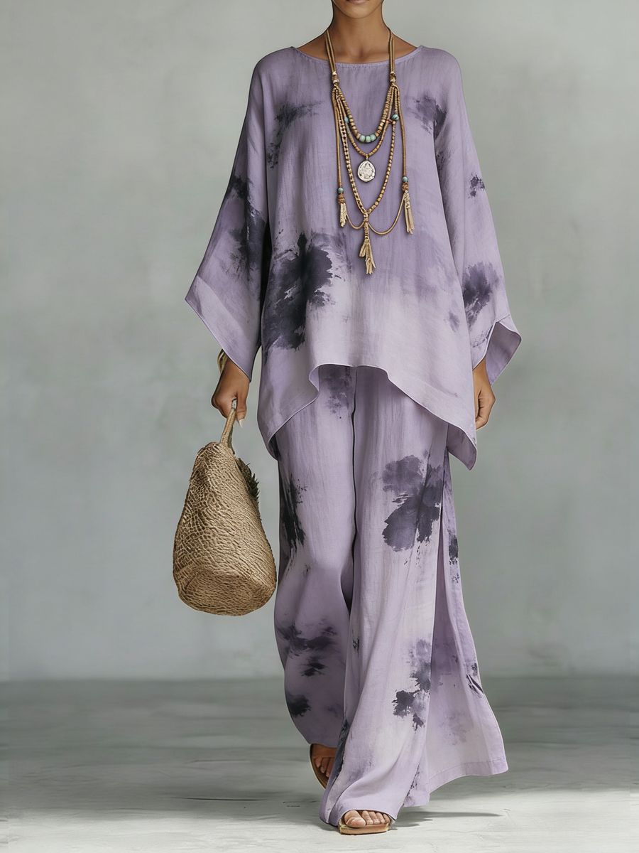 Floral Print Bamboo Linen Two-Piece Set | Wide-Leg Pants FitiqueFit