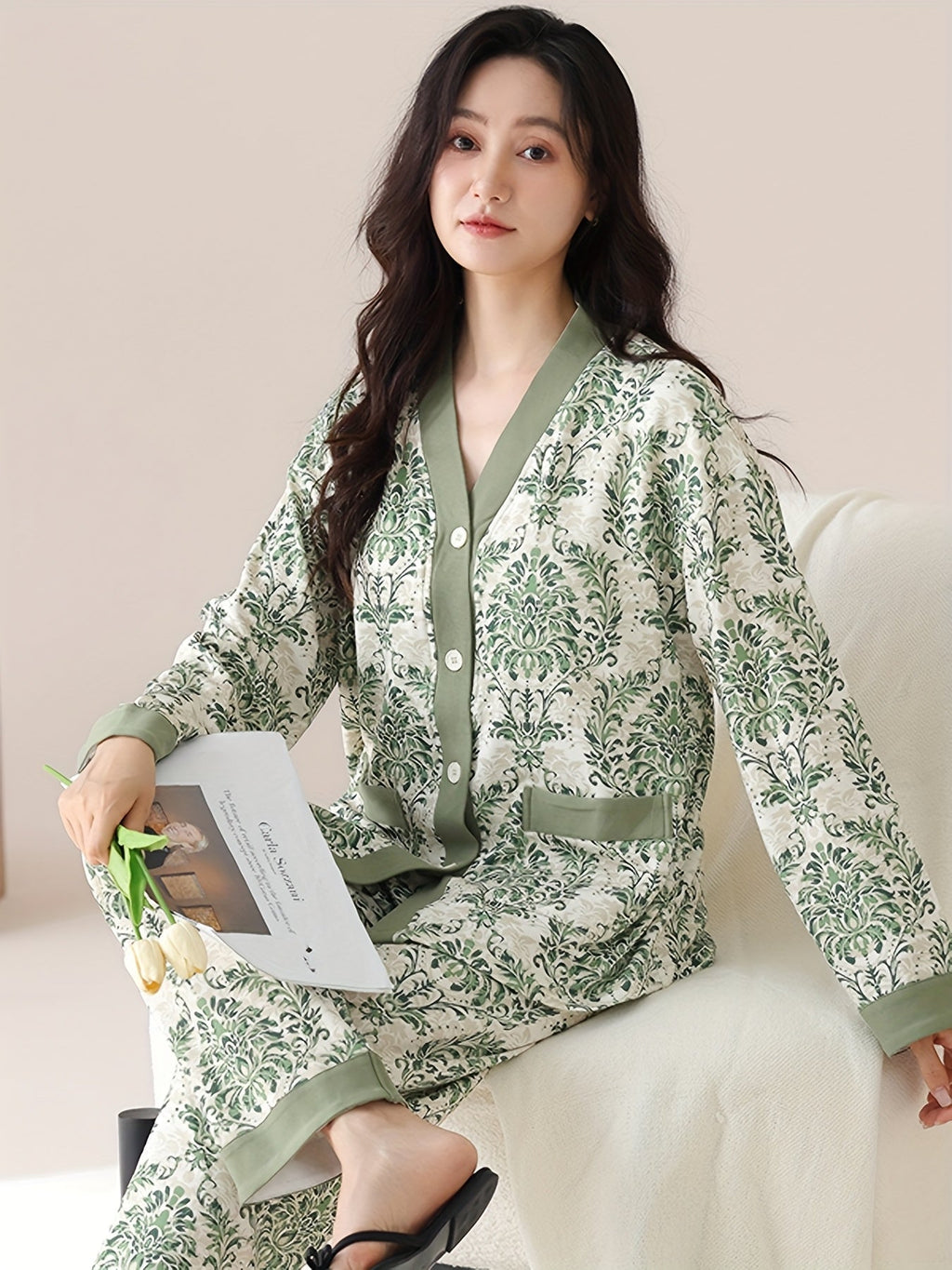 Elegant Womens Floral VNeck Cotton Pajama Set