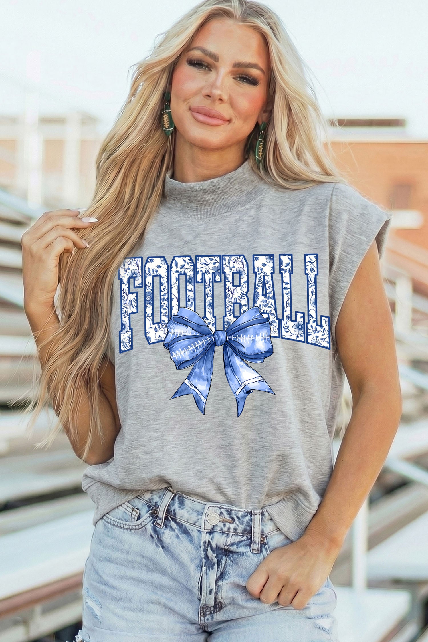 Light Grey Football Bow Game Day Graphic High Neck Cap Sleeve Top