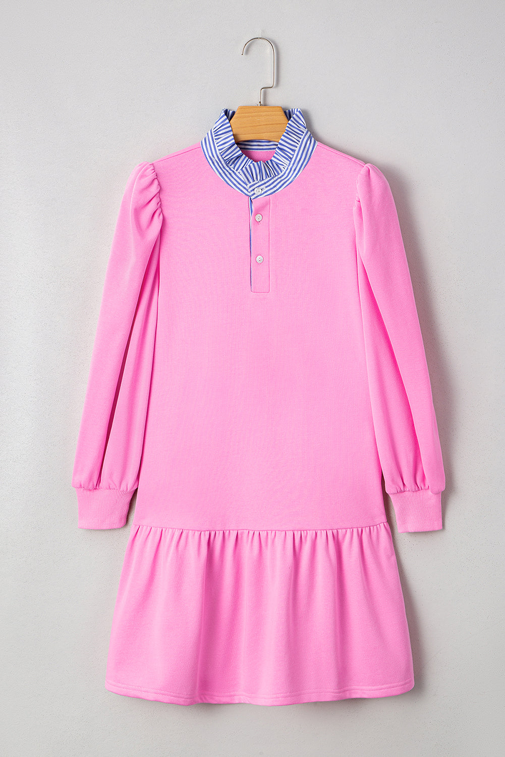 Fiery Red Striped Collar Long Sleeve Ruffle Hem Dress
