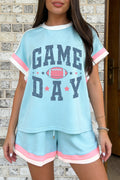 Mist Blue Contrast Trim Game Day Football Print 2pcs Short Set