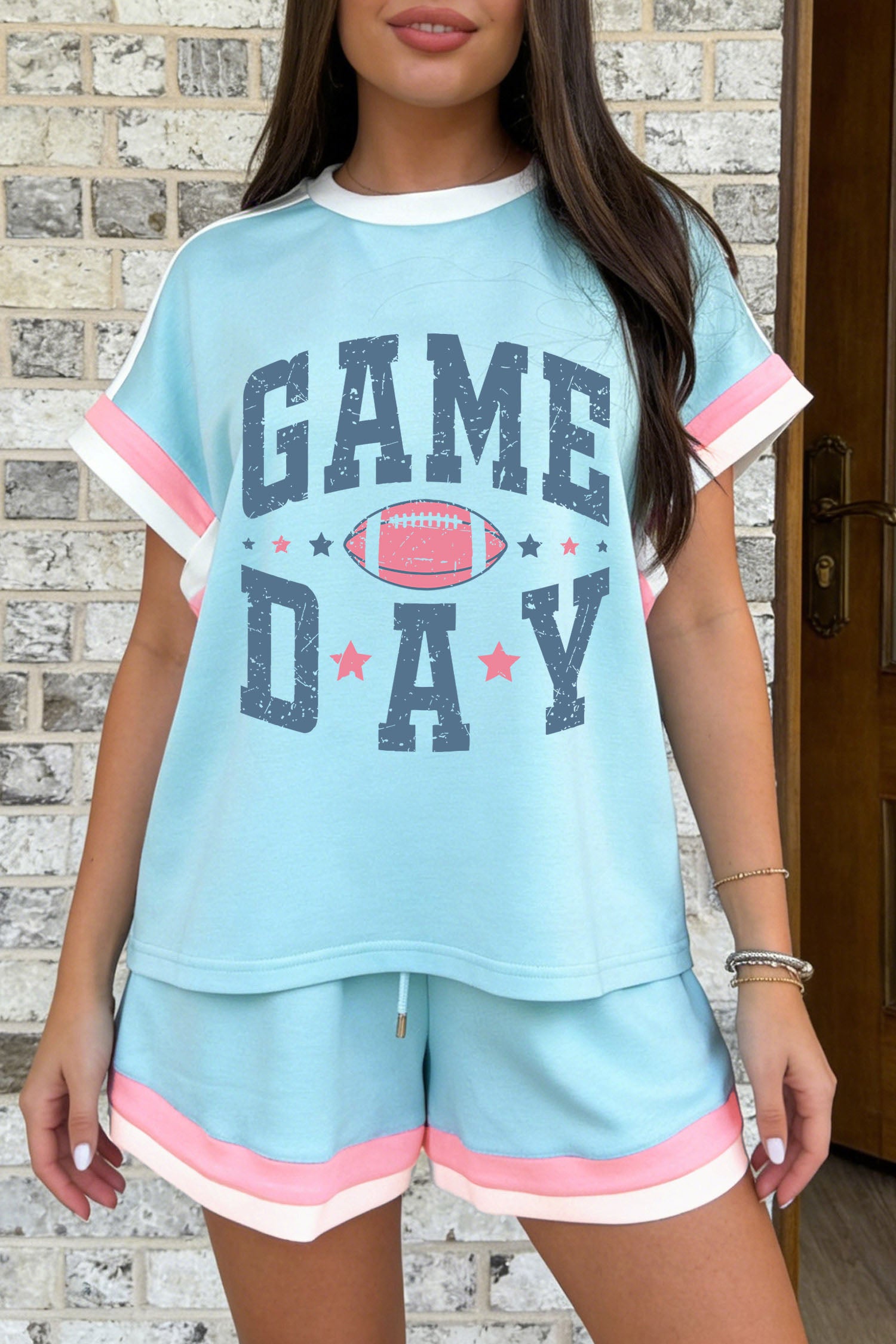 Mist Blue Contrast Trim Game Day Football Print 2pcs Short Set